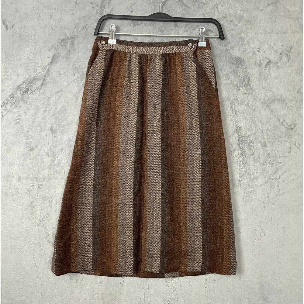 Vintage 80s Dark Academia Wool Midi A-Line Herringbone Stripe Skirt Small Earthy